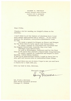 1954 Harry Truman Signed Typed Letter With Content Regarding Ikes Victory! (University Archives LOA & JSA)